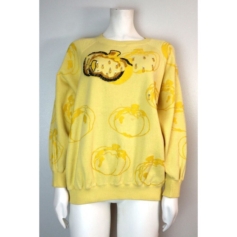 VINTAGE FALL AUTUMN YELLOW SWEATER - PUMPKINS BEADED DETAIL - SIZE M